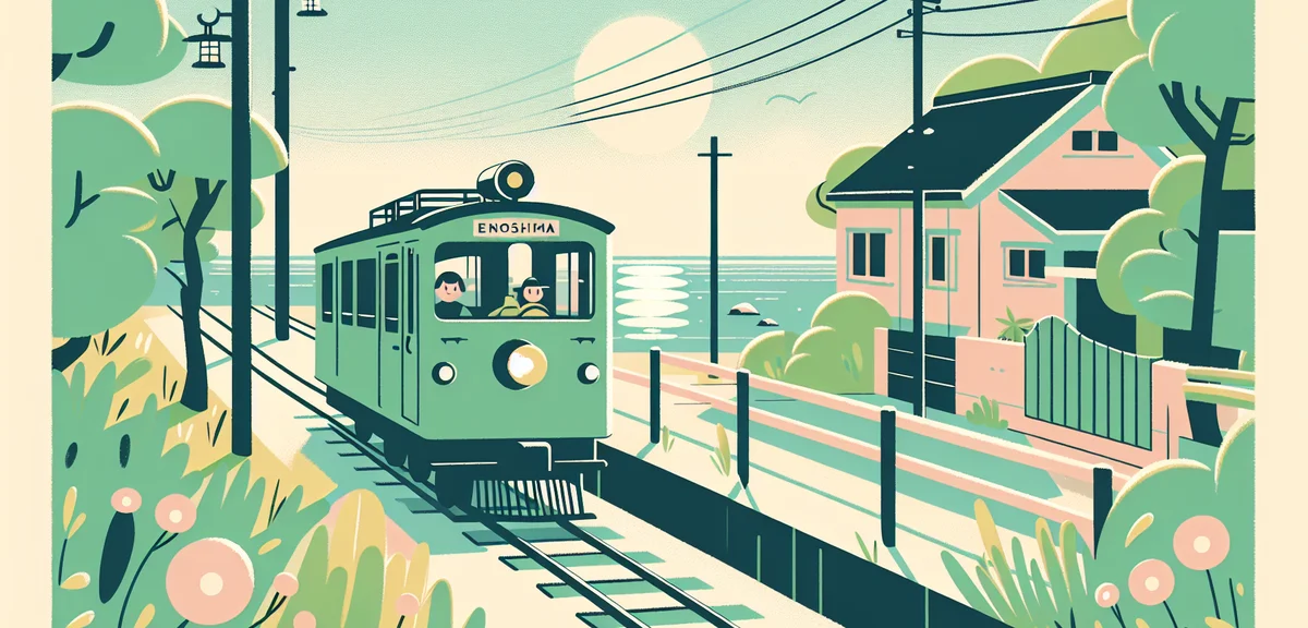 Enoshima Electric Railway (Enoden) vintage green train passing through residential area near the sea