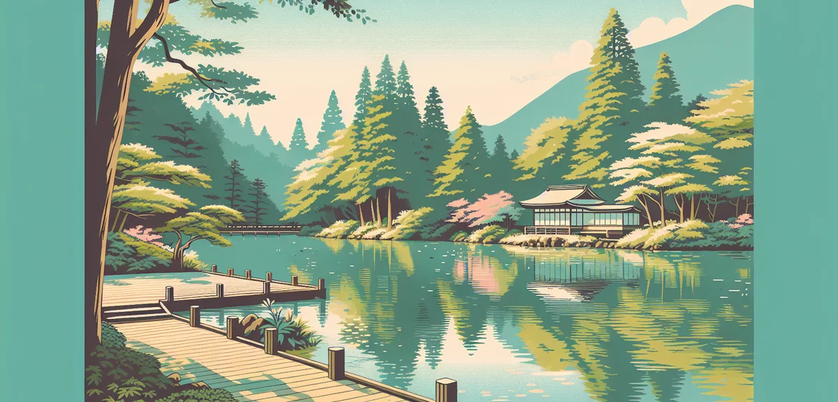 Kumoba Pond Karuizawa with reflection of fresh green trees on calm water surface, wooden pathway, ea