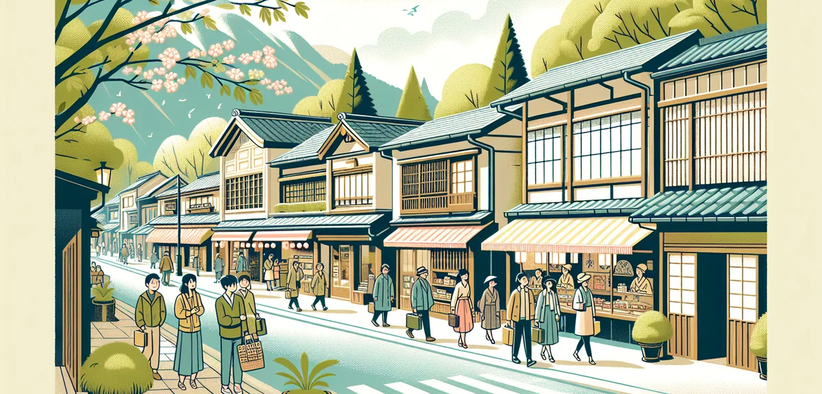 Old Karuizawa Ginza shopping street in spring, traditional shops and cafes, tourists walking, green 