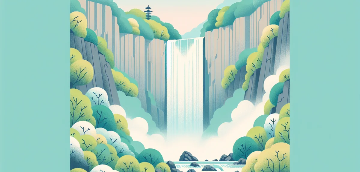 Kegon Falls in Nikko with powerful waterfall cascading down cliff, surrounded by fresh spring greene