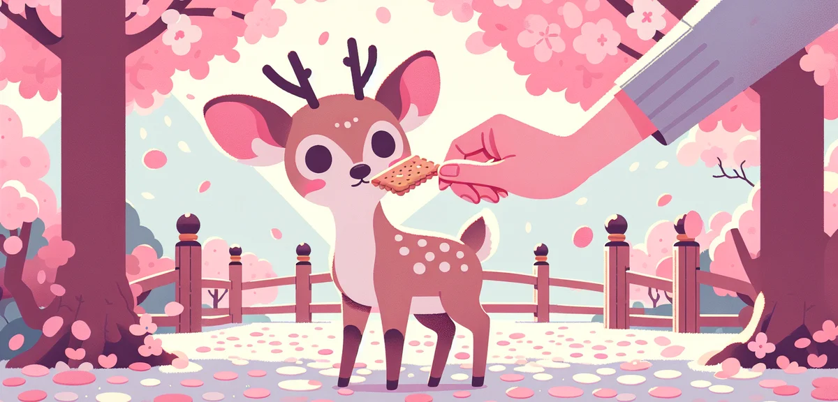 Cute wild deer in Nara Park Japan eating senbei crackers from tourist hand, cherry blossom petals, s