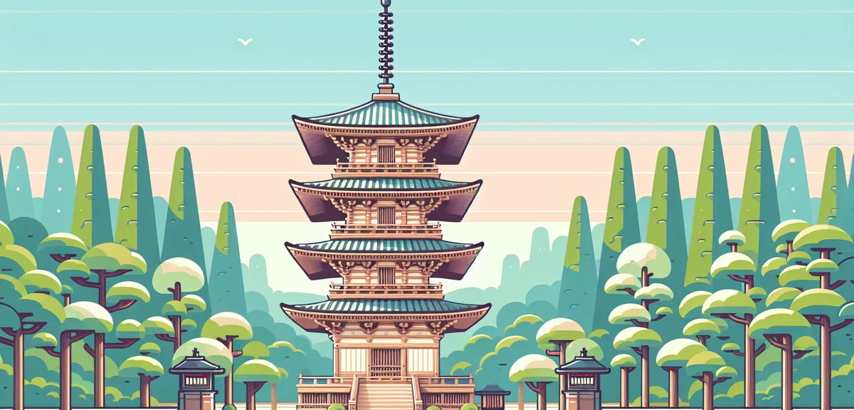 Ancient five-story pagoda of Horyu-ji temple in Nara with fresh green trees, clear blue sky, oldest