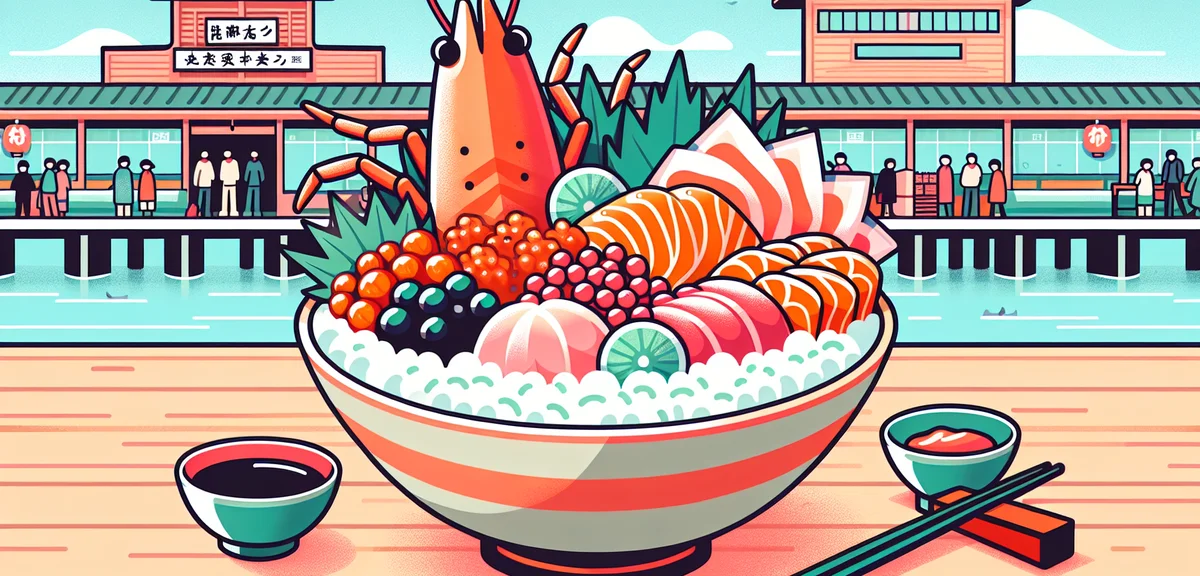 Fresh seafood bowl at Hakodate Morning Market, colorful sashimi including salmon roe, sea urchin, an