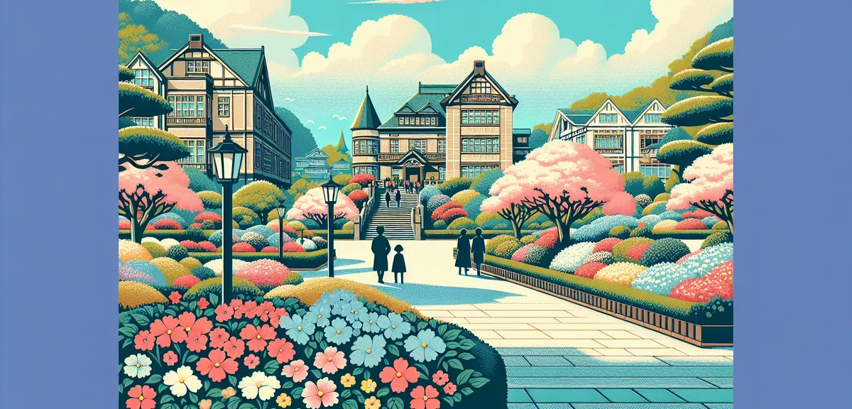 Historic Glover Garden in Nagasaki with Western-style colonial buildings, colorful spring flowers bl