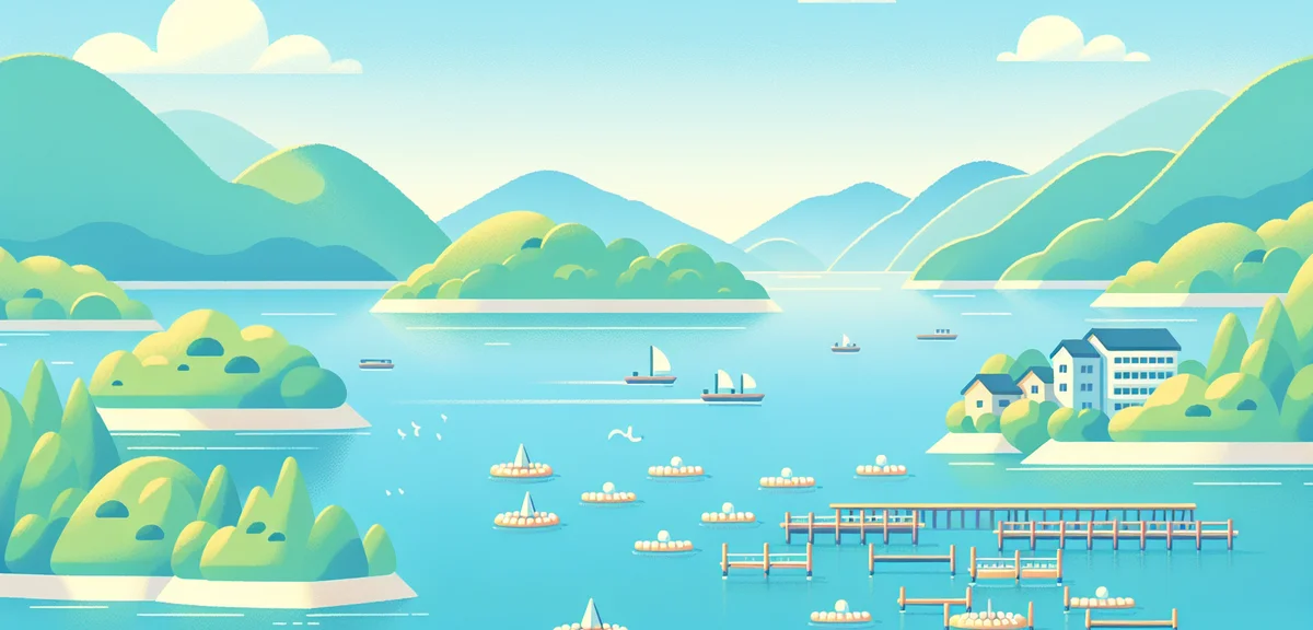 Ago Bay in Shima with pearl rafts floating on calm blue water, scenic view from Yokoyama Observatory