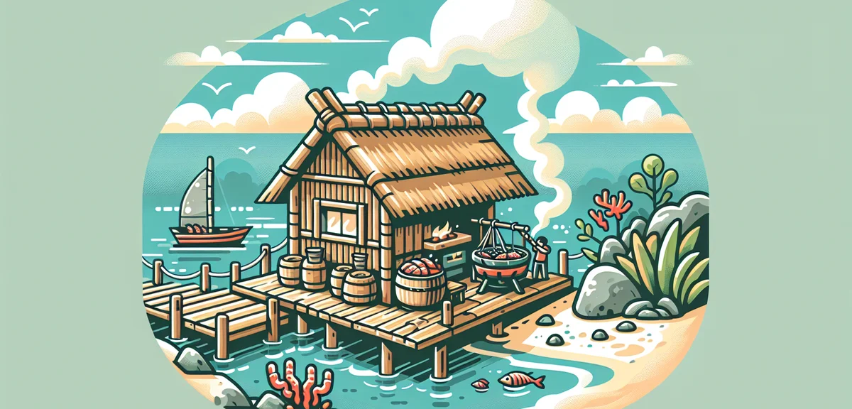 Traditional Ama diver hut experience in Toba, fresh seafood grilling, rustic atmosphere, coastal sce