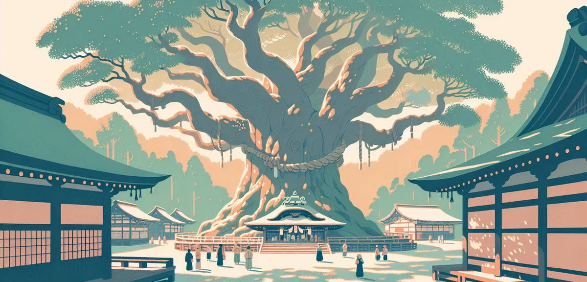 Kinomiya Shrine in Atami with massive 2000-year-old sacred camphor tree, visitors walking around the