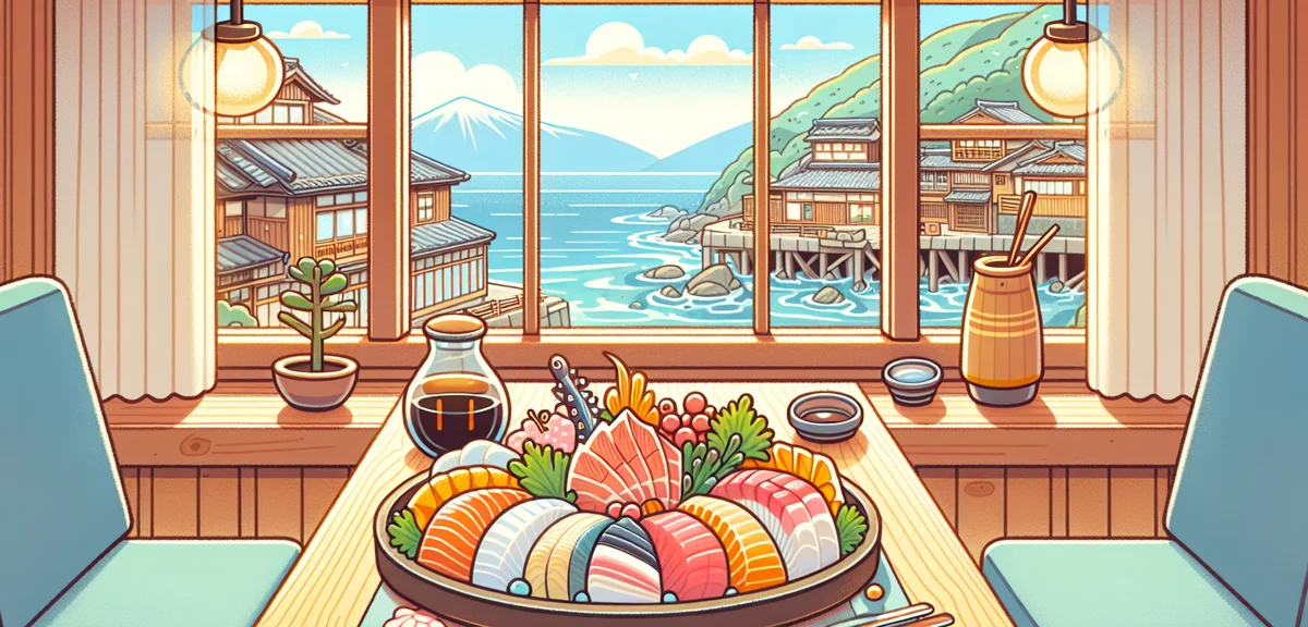 Traditional Japanese seafood restaurant in Atami, fresh sashimi platter with local fish, ocean view