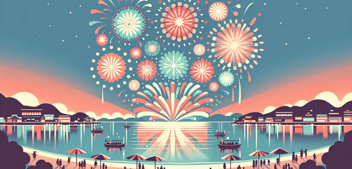 Atami fireworks festival at night over Sagami Bay, colorful fireworks reflected on calm ocean water,