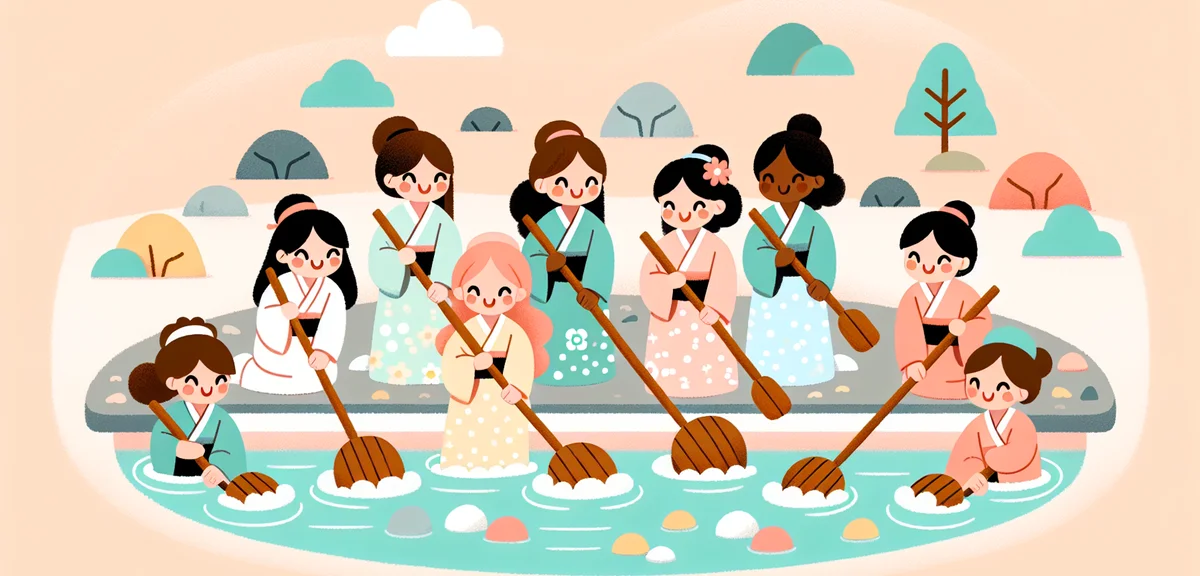 Traditional Yumomi performance at Netsunoyu Kusatsu, women in traditional clothing stirring hot spri