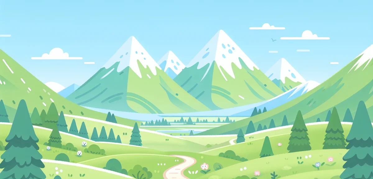 Fresh green spring landscape of Kusatsu highlands with snow-capped mountains in background, clear bl