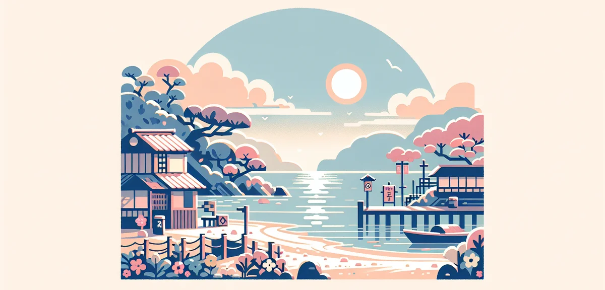 Beautiful Japanese coastal scenery in Kanagawa, peaceful beach and traditional fishing village, spri