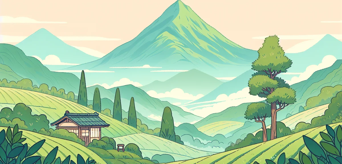 Japanese countryside with green tea fields and mountains, Kanagawa rural landscape, quiet atmosphere