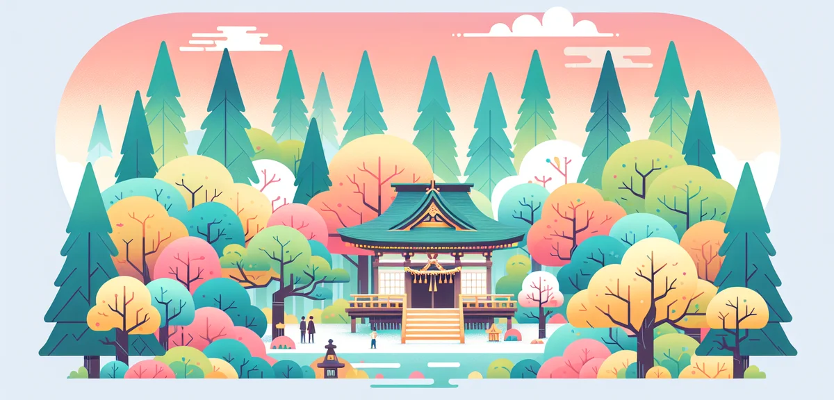 Traditional Japanese shrine surrounded by forest, peaceful and serene, few visitors