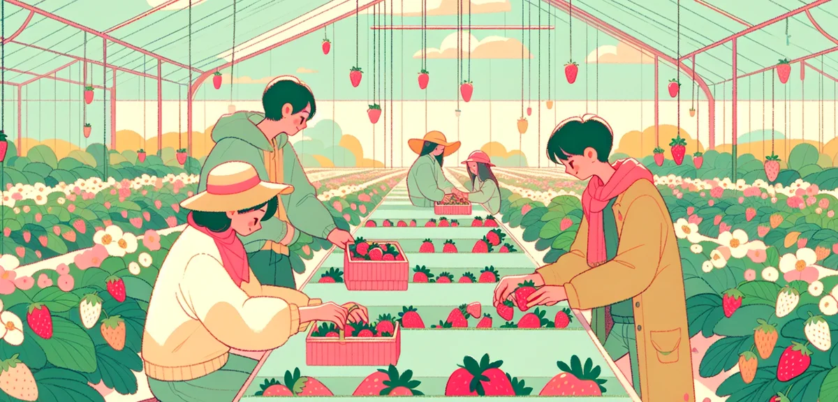 Fresh red strawberries in Japanese greenhouse farm, family picking strawberries, bright spring day