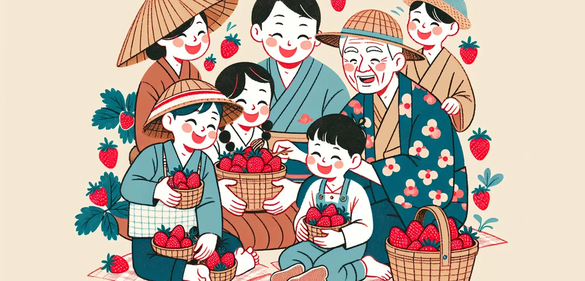 Japanese family enjoying strawberry picking, children with strawberry baskets, happy atmosphere