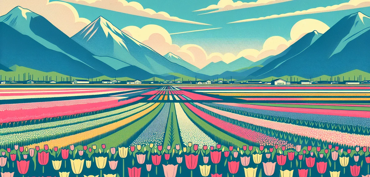 Colorful tulip fields in Niigata Japan, spring flower festival, bright sunny day with mountains in b