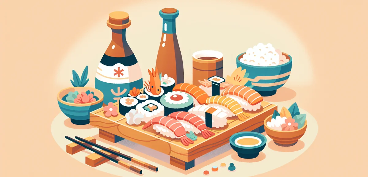 Fresh sushi and seafood on wooden plate, Japanese restaurant, Niigata rice and sake