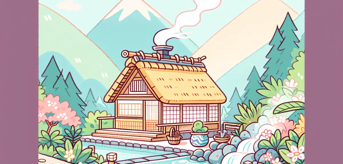 Traditional Japanese hot spring ryokan in mountain setting, steam rising, peaceful atmosphere