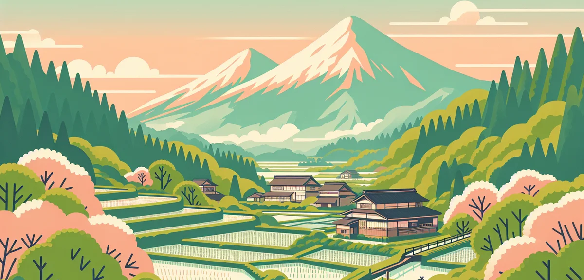 Beautiful Japanese countryside in Kyushu, green rice terraces and mountains, peaceful spring scenery