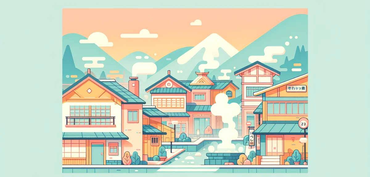 Traditional Japanese hot spring town in Kyushu, steam rising from streets, quiet atmosphere