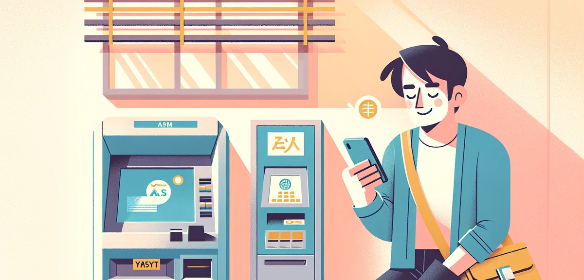 Person using smartphone banking app with ATM in background, modern digital banking concept