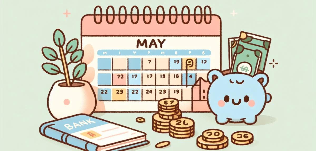Calendar showing May holidays with bank passbook and coins, financial planning for golden week