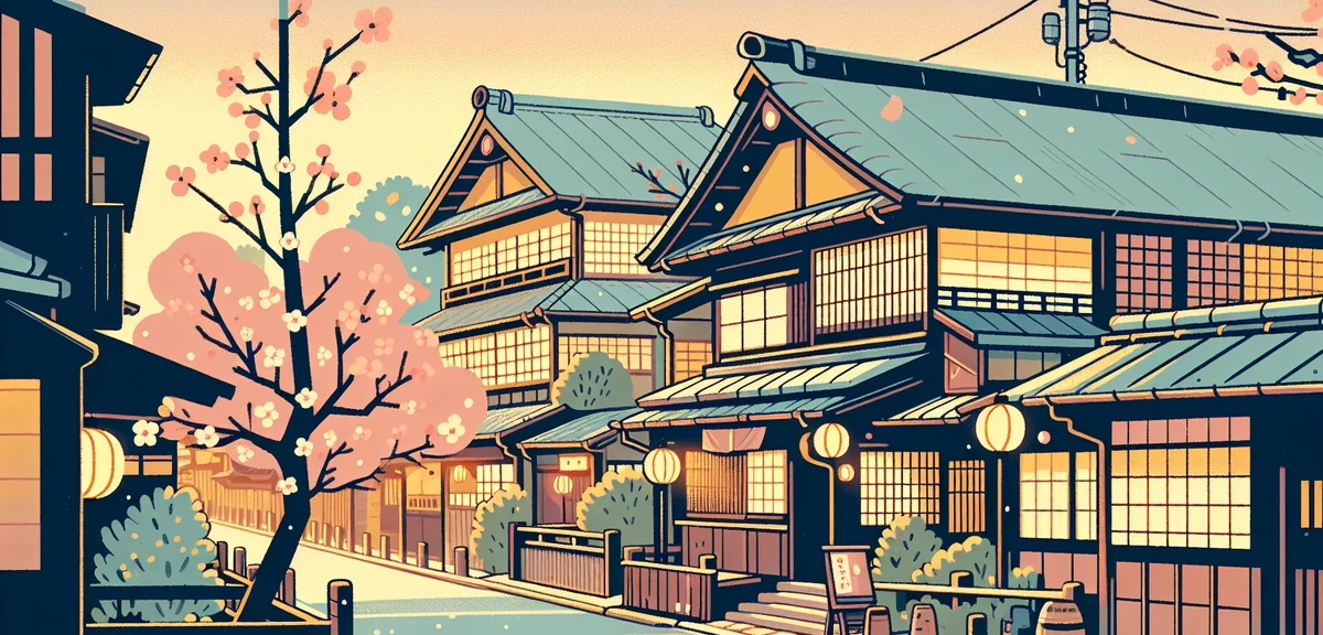 Traditional Kyoto street scene with wooden machiya houses, quiet morning atmosphere, spring season