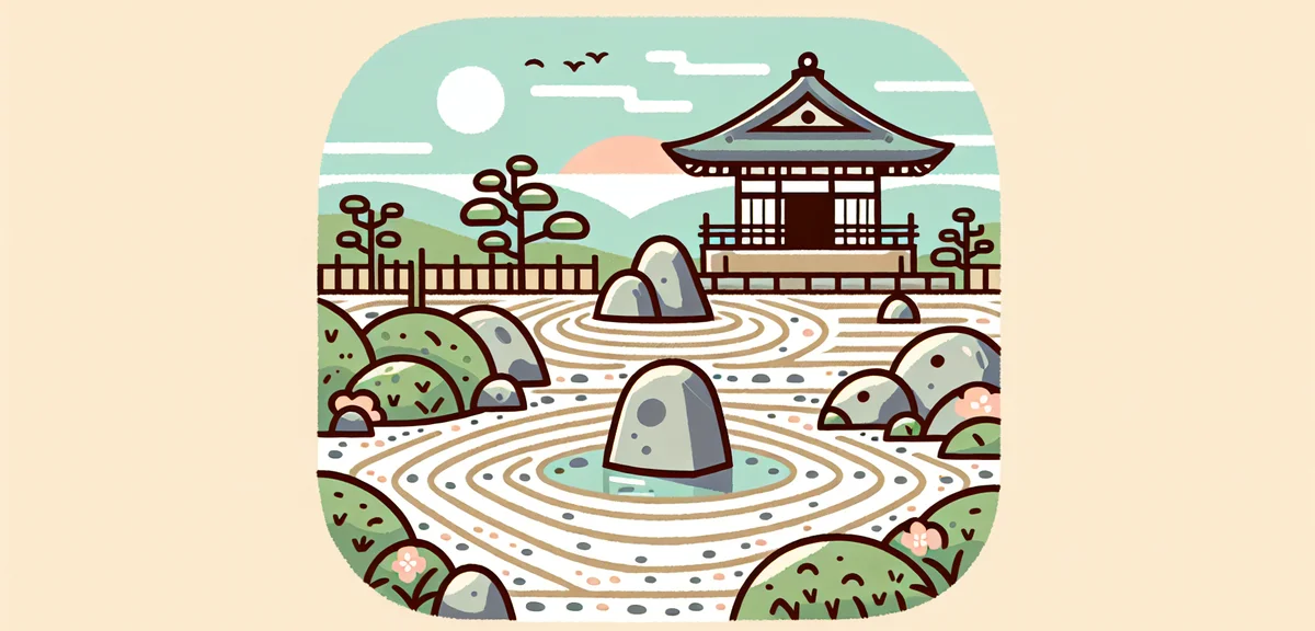 Beautiful Japanese rock garden karesansui with raked gravel patterns, zen temple in Kyoto