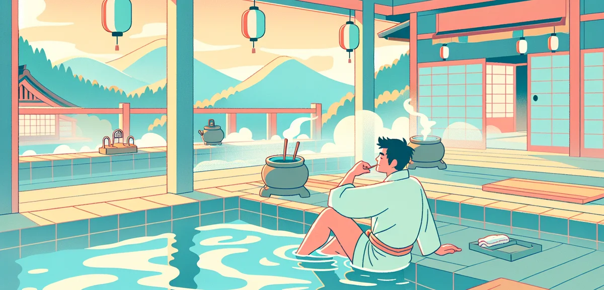 Person relaxing in traditional Japanese onsen hot spring, solo travel concept, peaceful setting