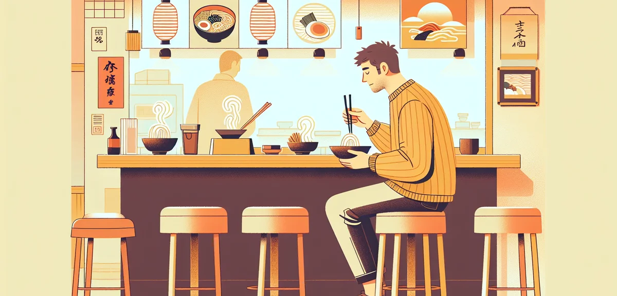 Solo traveler eating local cuisine at Japanese restaurant counter, ramen or sushi, cozy atmosphere