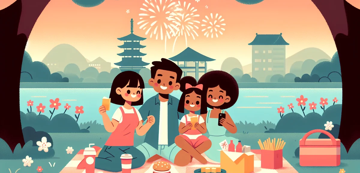 Family watching fireworks from riverside park, blankets and snacks, warm spring evening in Japan