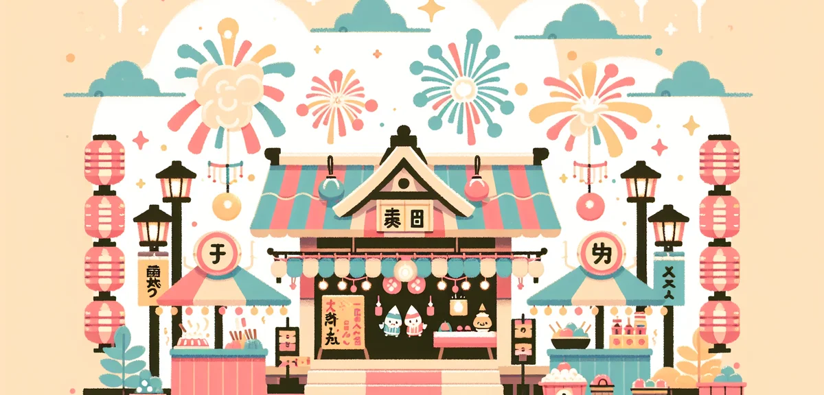 Traditional Japanese fireworks festival with food stalls and lanterns, festive atmosphere