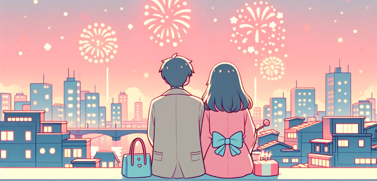 Couple watching fireworks from rooftop or elevated spot, romantic spring night in Japan, city lights