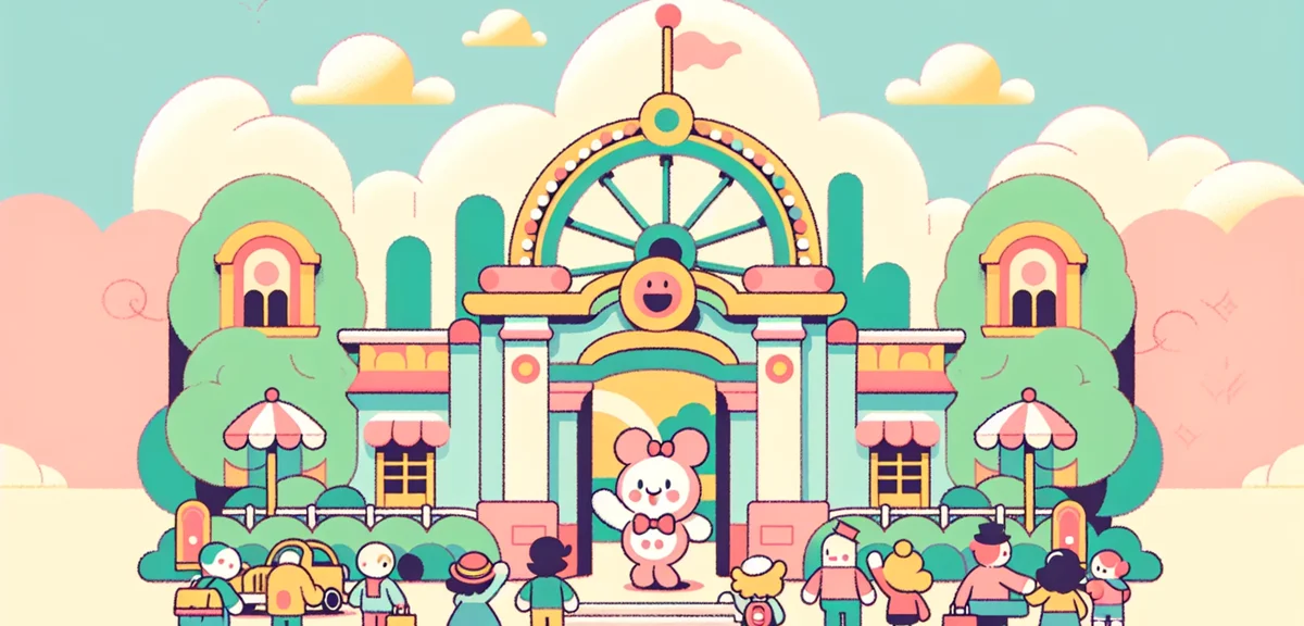 Super Nintendo World entrance with Mario characters, excited visitors, bright and colorful theme par