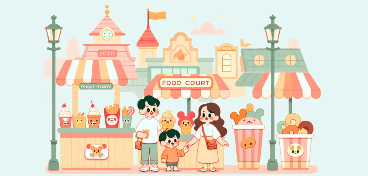 Family at theme park food court eating colorful snacks, Minions themed treats, fun atmosphere