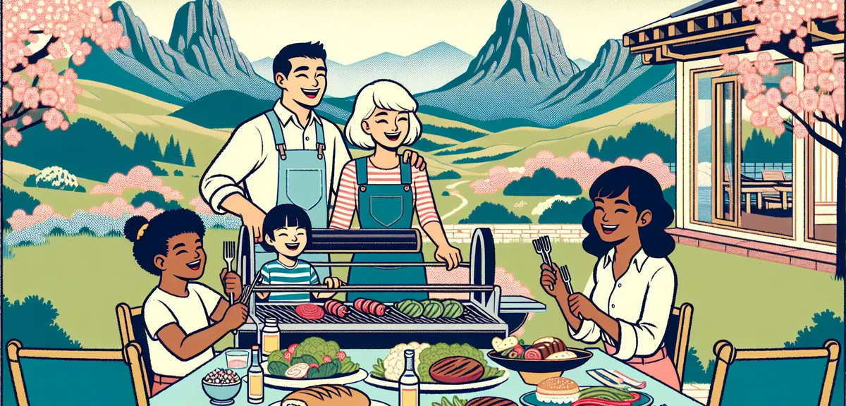 Family enjoying barbecue at glamping site, outdoor terrace with mountain view, spring atmosphere