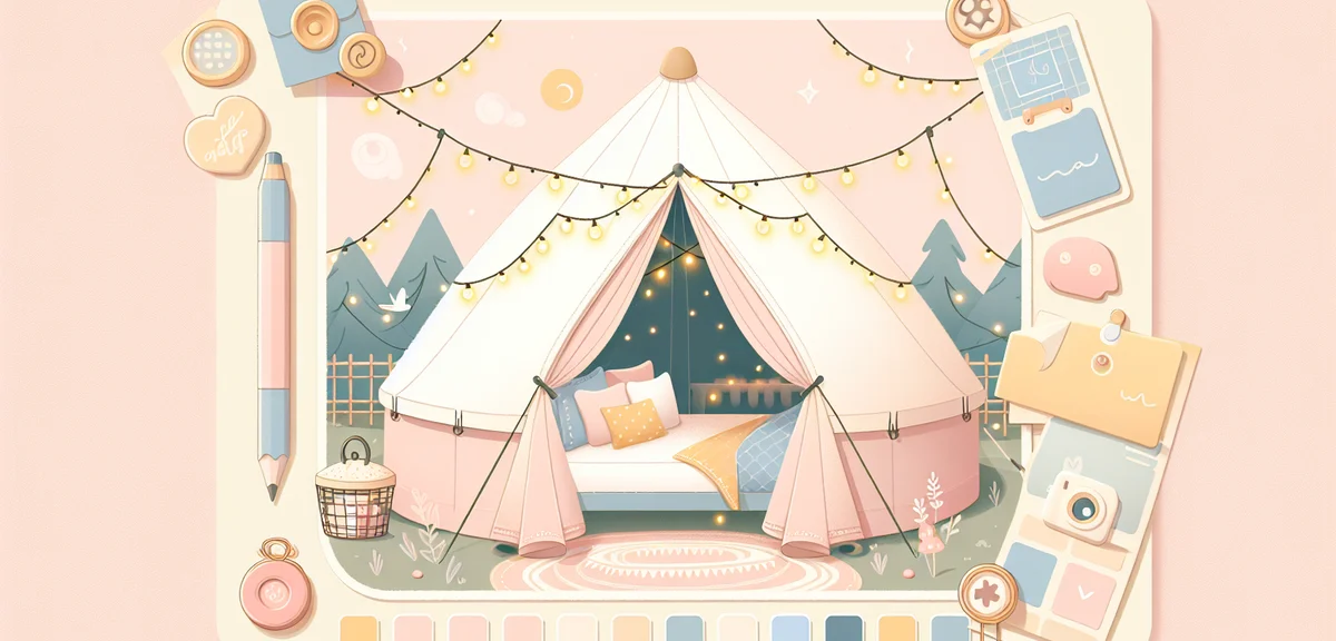 Glamping dome tent interior with comfortable bed and fairy lights, cozy camping experience