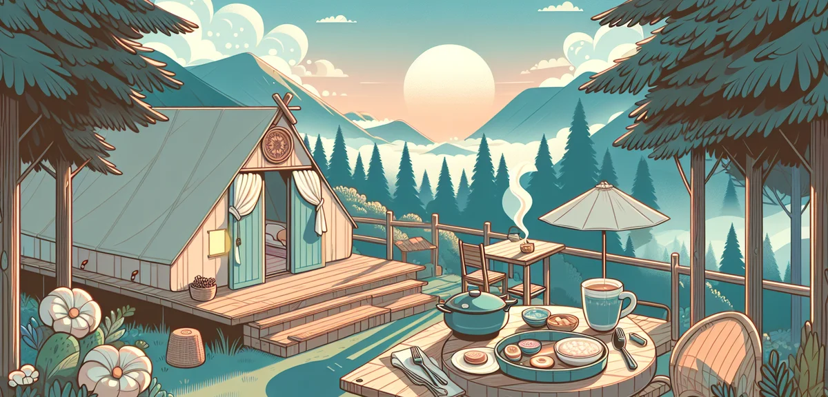 Morning coffee at glamping site deck, misty mountain view, peaceful outdoor breakfast