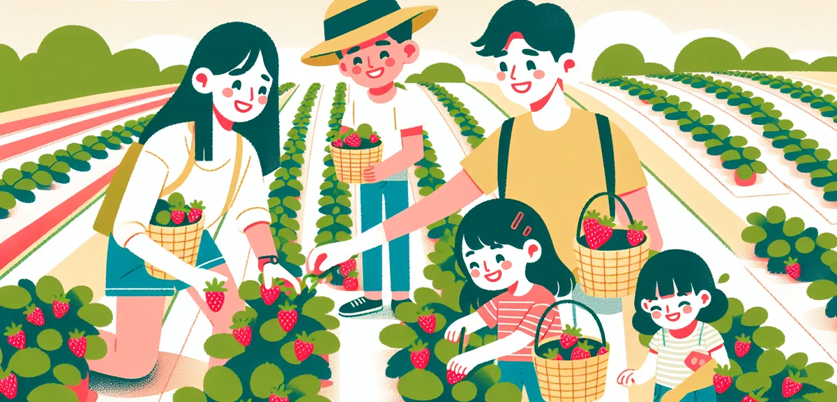 Japanese tourists enjoying strawberry picking at farm, spring tour activity, baskets of fresh strawb