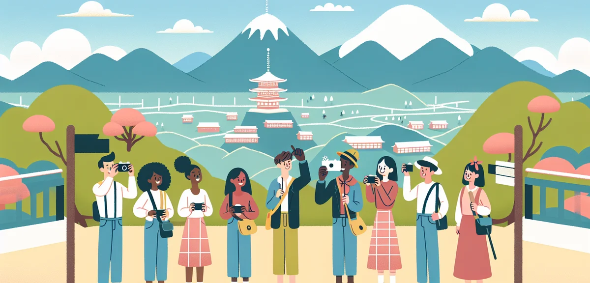 Group of tourists at scenic viewpoint in Japan, taking photos of mountain landscape, tour guide with