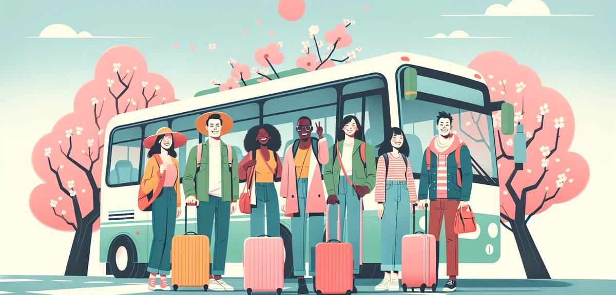 Tourists boarding colorful tour bus in Japan, spring morning departure, luggage and excited traveler