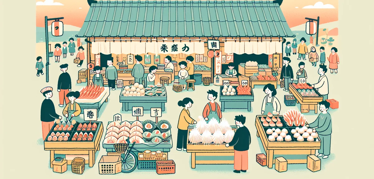Fresh seafood market in Aomori, displays of sea urchin and scallops, local food experience