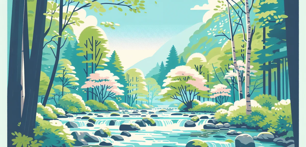 Oirase Stream in spring with fresh green leaves, clear water flowing over rocks, peaceful nature sce