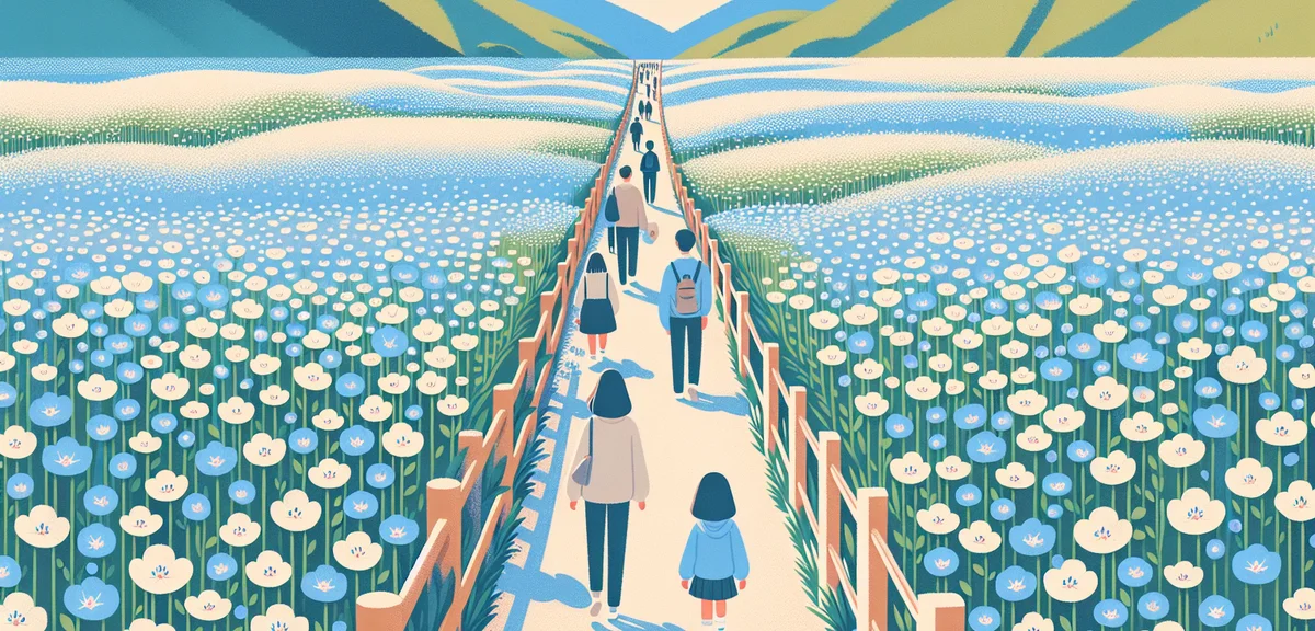 Visitors walking through nemophila flower field pathway, Japanese spring scenery, blue flowers every