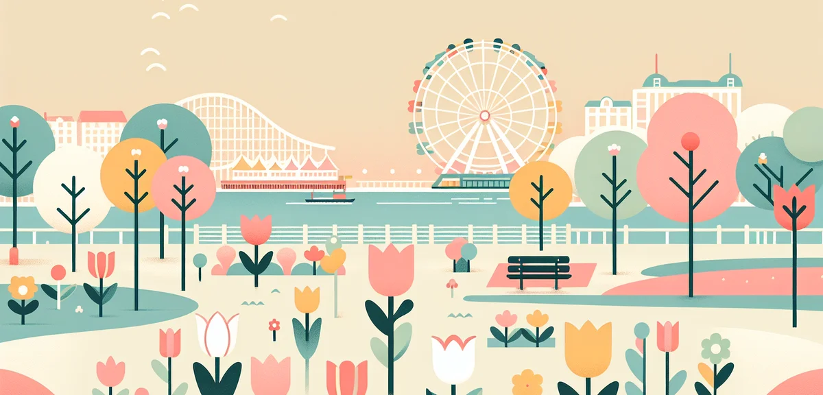 Hitachi Seaside Park overview with colorful tulips and ferris wheel, spring festival atmosphere