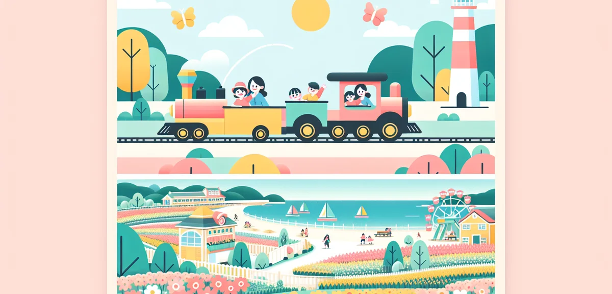 Seaside Train at Hitachi Seaside Park with families riding, spring flower fields in background