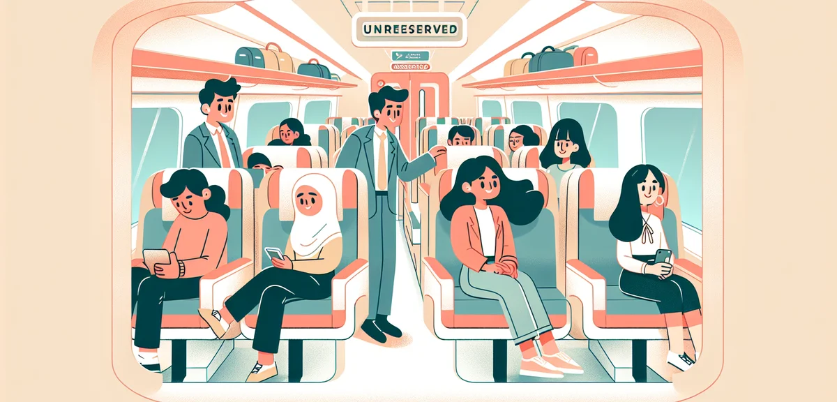 Inside unreserved car of Shinkansen, passengers finding seats, comfortable journey