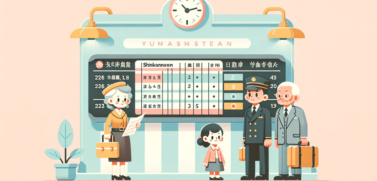 Train station departure board showing Shinkansen schedules, travelers checking information