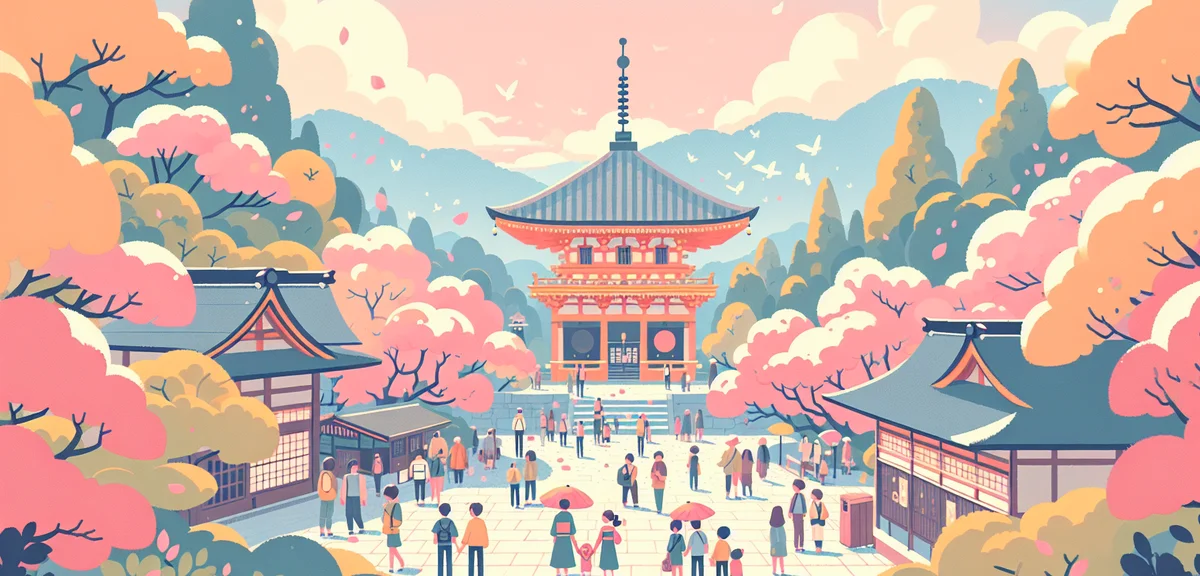 Scenic Kyoto temple with spring greenery, tourists enjoying Golden Week, traditional Japanese archit